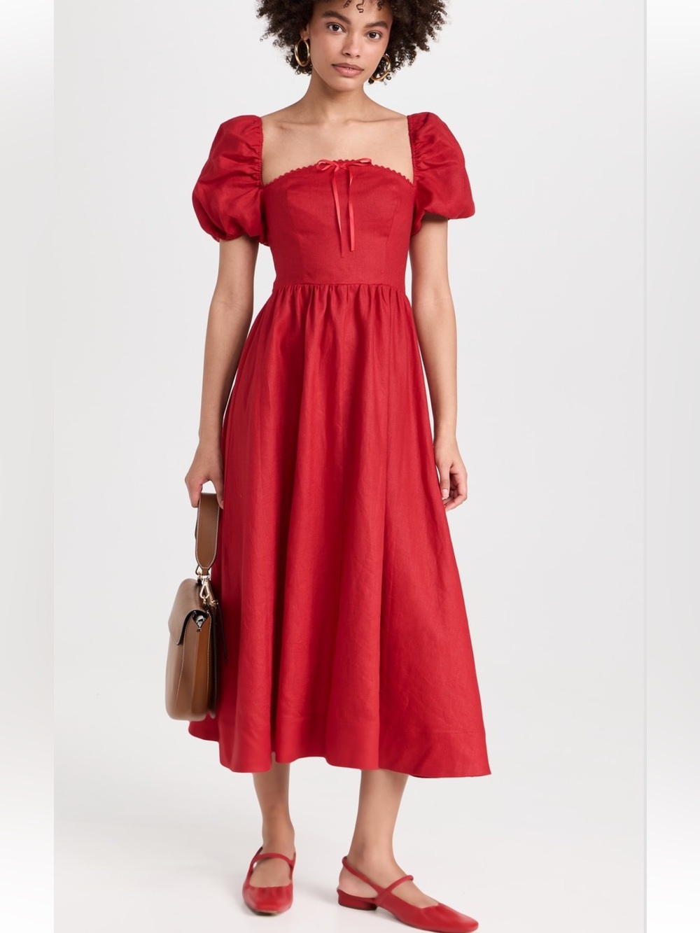 REFORMATION Marella Linen Midi Dress in Cherry Red Puff Sleeves size 12